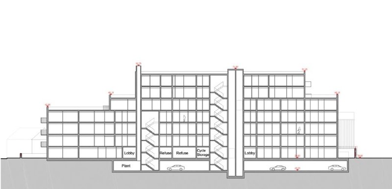 Steel House oversails the basement car park