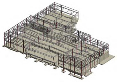 Model illustrating the sport zone’s three halls and the single-storey link building, shown top right