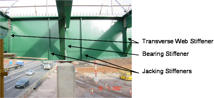 Transverse web stiffeners M6 Toll Bridge 450, ladder deck with knee bracing