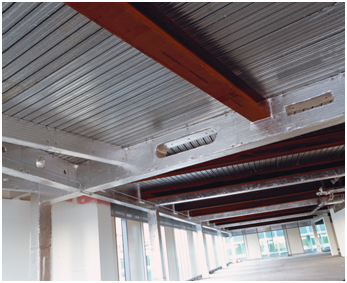 Unprotected steel beams at Plantation Place South, London. Image courtesy of Arup Fire