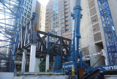 Storey-high trusses support 2 London Wall Place’s cantilever over the adjacent road