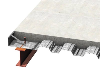 Composite floor components – downstand edge beam, longitudinal trapezoidal decking, through deck welded shear stud, edge trim and concrete