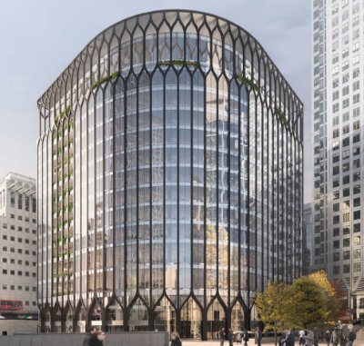 How the completed building, with its distinctive Y-shaped cladding, will look