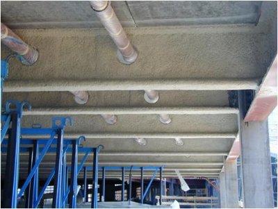Cementitious spray on beams (Image courtesy of Promat Ltd.)