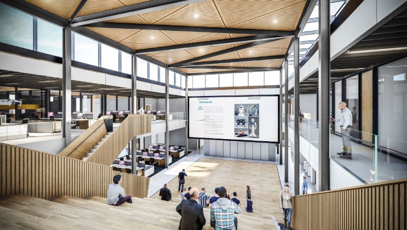 The column-free forum (atrium) will act as meeting place within the completed research centre