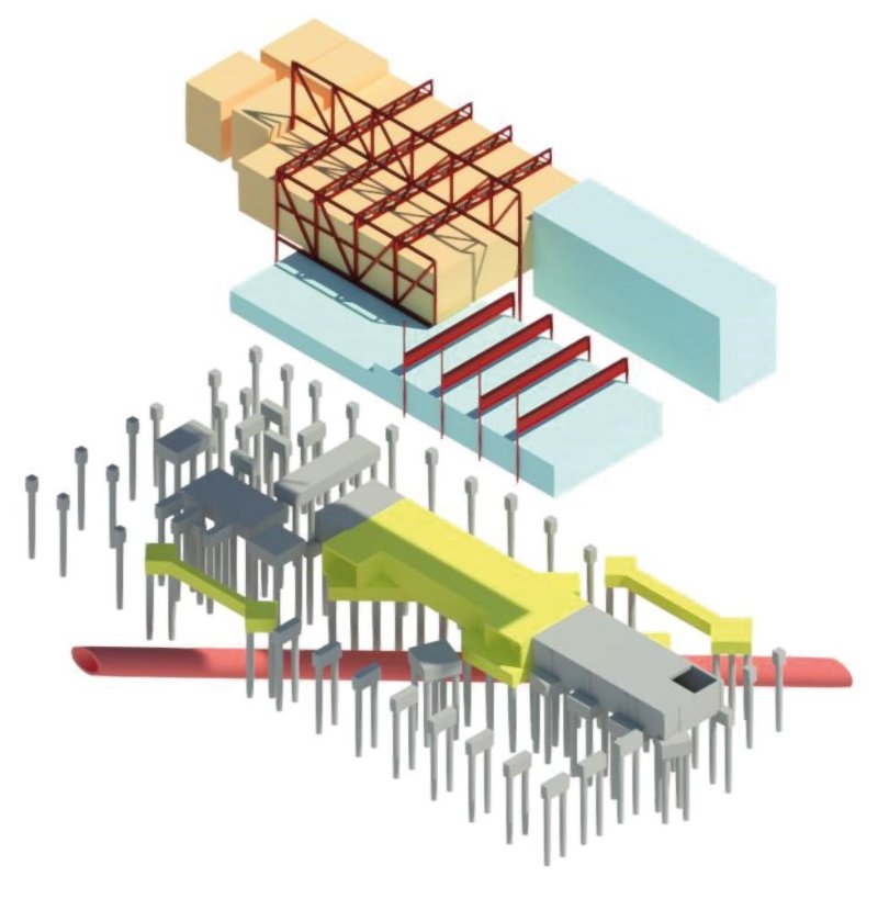 Model showing the leisure centre's truss arrangement and the long beams spanning the main pool