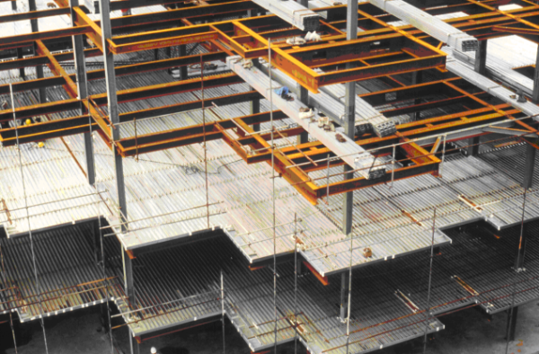 Decking being laid out on a steel frame