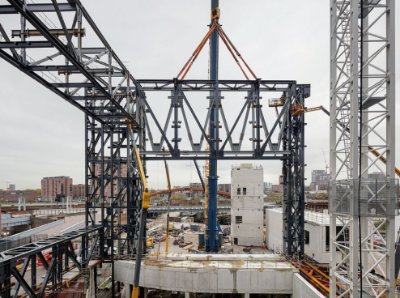 The proscenium arch truss under construction