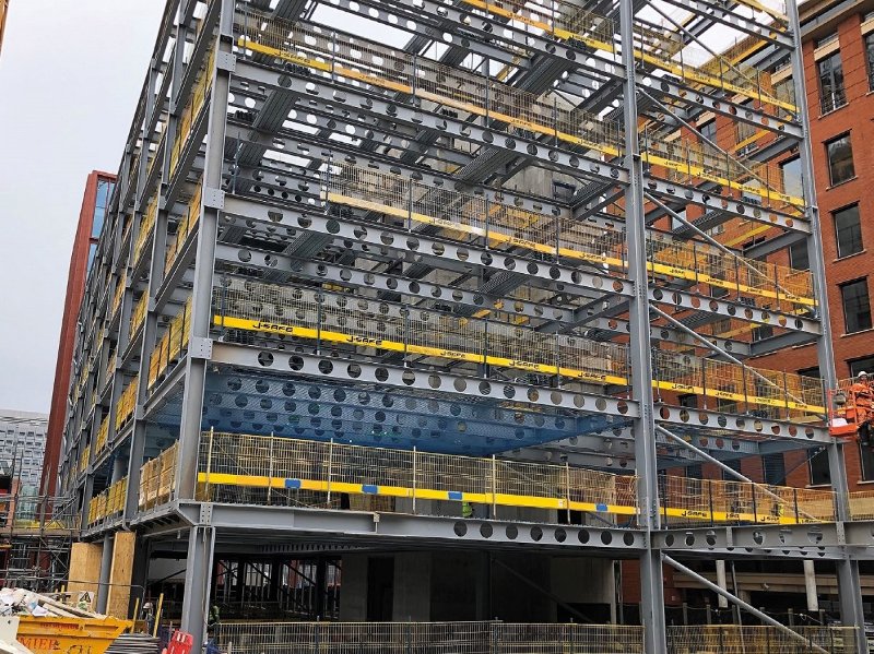 Stability for the steel frame is provided by one concrete core