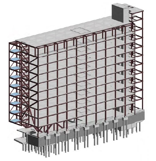 Model showing the steel frame and the two parallel trusses supporting the staircase - on the left