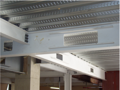 Stiffened, large rectangular web opening in a steel beam