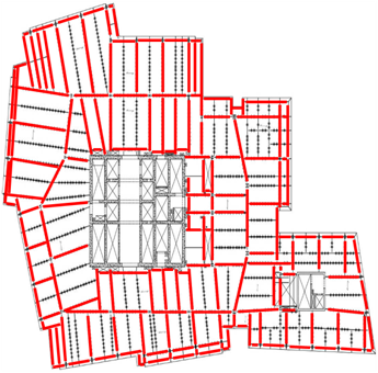 The floor plate at the Shard, London. Beams outlined in red are protected; the remainder are unprotected. (Image courtesy of WSP Fire)