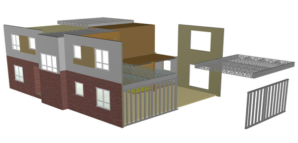 ‘Hybrid’ modular and panel building showing planar floors and walls attached to the modules