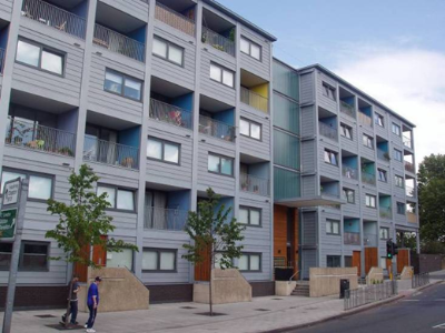 Modular building with integral balconies, Hackney, London (Image courtesy of Alford Hall Monaghan Architects and Yorkon)