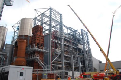 Steelwork being erected around the turbine equipment