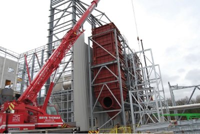 Steelwork is erected around the facility's processing equipment