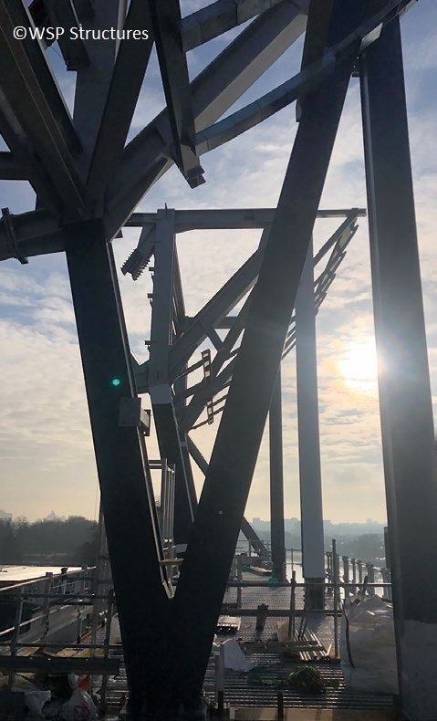 Feature columns adorn the river side of the new structure