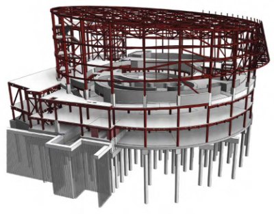 Model showing the steel frame and foundations