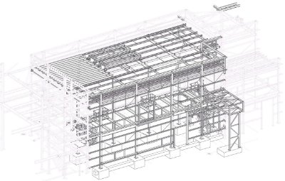 The extension gains much of its stability from the adjoining existing steel-framed facility