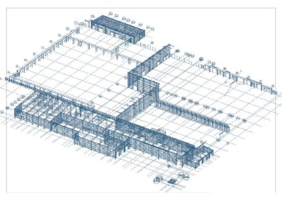 Model showing the footprint of the existing building with the new extensions and internal steelwork
