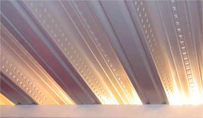 Polyester coated deck can be used to provide an attractive finish to an exposed floor. It may also have increased heat absorption compared to galvanized steel deck.