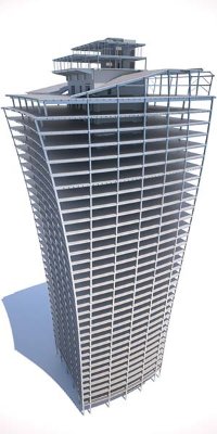 To balance the structure the main core was moved slightly off centre during the design model stage