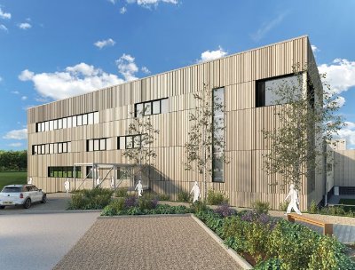 The main entrance and the completed offices