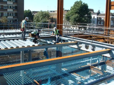 Trapezoidal decking installed on downstand beams