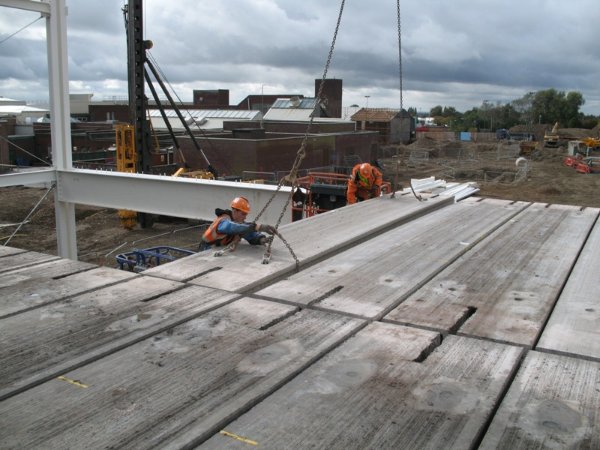 Precast concrete floor slabs on a steel frame (Image courtesy of Severfield (Design & Build) Ltd.)