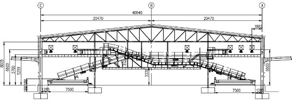 Typical cross section of the hub showing timber decked mezzanines and the conveyor system