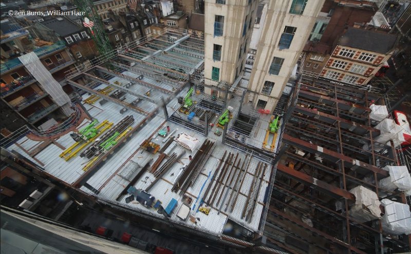 Steelwork is erected around a centrally-positioned concrete core