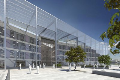 A series of hockey stick columns form a feature façade
