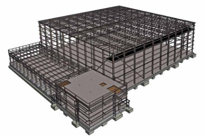 Model showing the 65m x 65m main store and its attached facilities