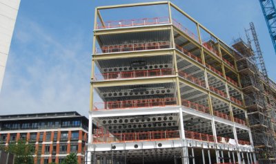 All of the development’s commercial buildings are wedge-shaped on plan