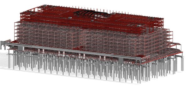 Model highlighting the new rooftop steel frames and the ground floor retail extensions