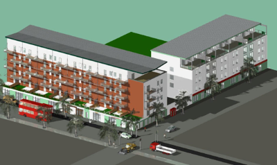Mixed use residential building designed using a shallow floor system with retail units at ground floor (Image courtesy of HTA Architects)
