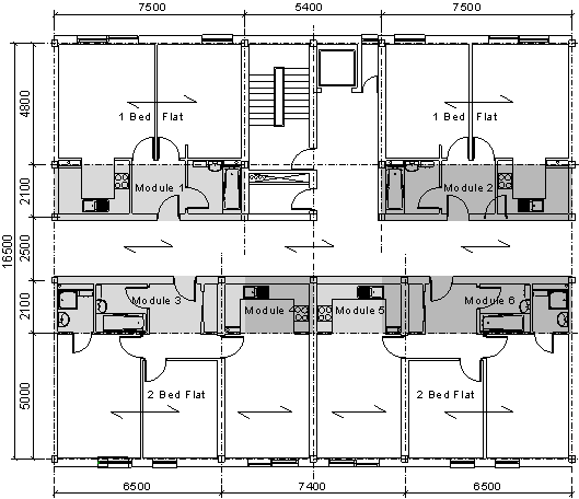 Mixed use of modules and steel framed construction
