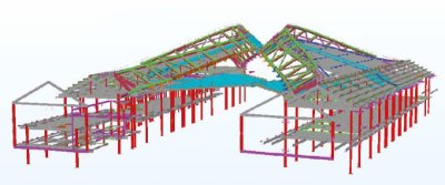 Model highlighting the steelwork. The support steelwork is in red, the new floor and giraffe beams are in blue and the trusses are green
