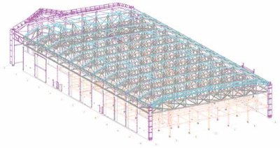 Model of steelwork; Grey: Existing roof steelwork Blue: New roof steelwork Purple: New feature and elevation steelwork Orange: New mezzanine and classroom roof steelwork