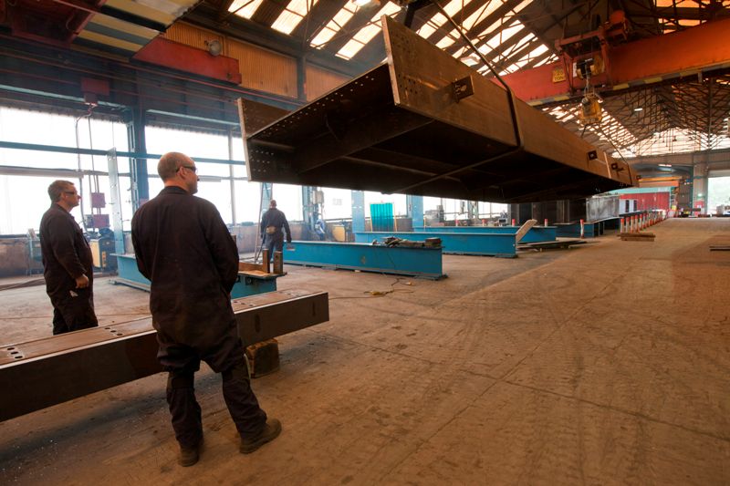 Handling steelwork in the factory (Image courtesy of Mabey Bridge Ltd.)